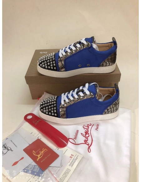 Fake Christian Louboutin Louis Junior Spike Low Top Men Sneakers Leather and Veau Velours Blue
