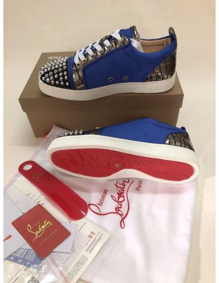 Fake Christian Louboutin Louis Junior Spike Low Top Men Sneakers Leather and Veau Velours Blue