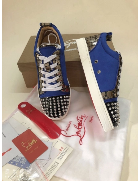 Fake Christian Louboutin Louis Junior Spike Low Top Men Sneakers Leather and Veau Velours Blue