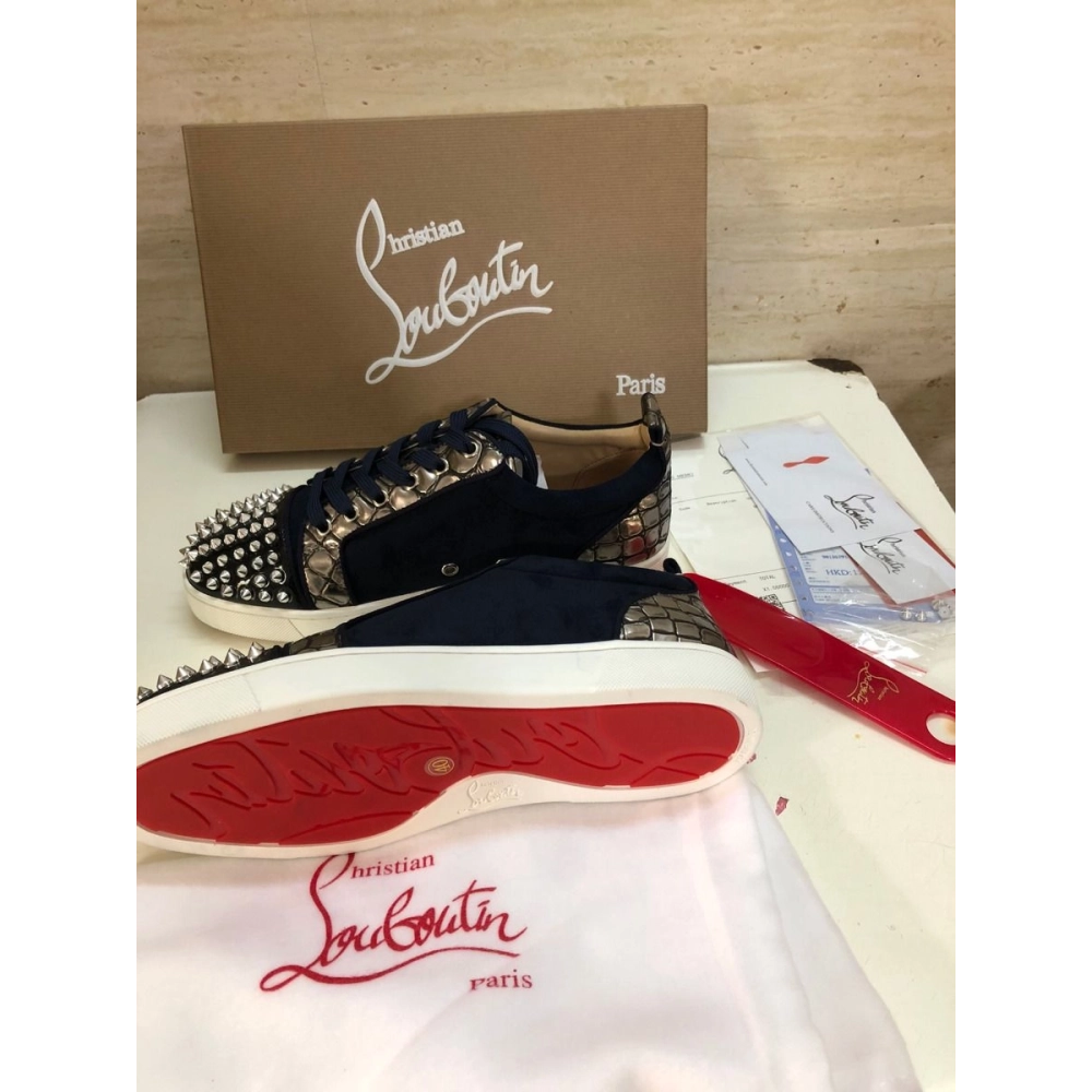Cheap Christian Louboutin Louis Junior Spike Low Top Sneakers Leather and Veau Velours Black