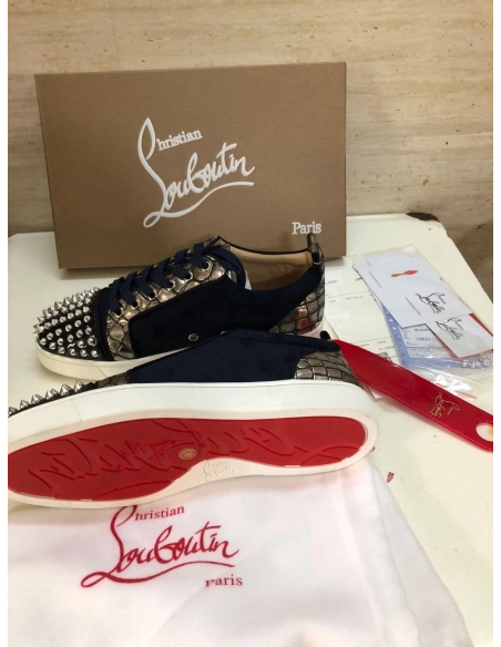 Cheap Christian Louboutin Louis Junior Spike Low Top Sneakers Leather and Veau Velours Black