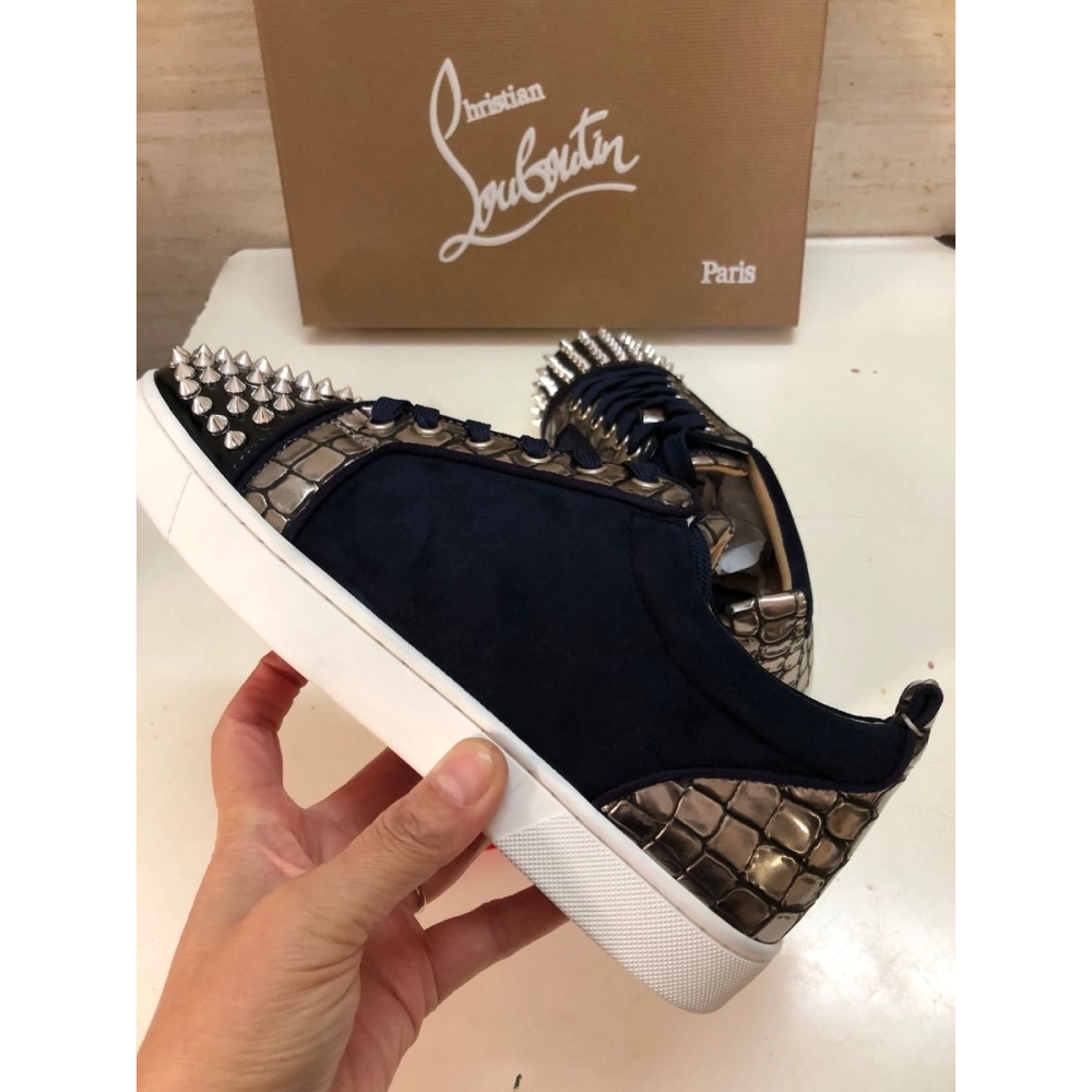 Cheap Christian Louboutin Louis Junior Spike Low Top Sneakers Leather and Veau Velours Black