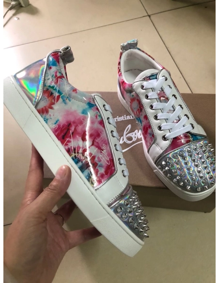 Knockoff Christian Louboutin Louis Junior Spike Low Top Men Sneakers Laminated Leather Floral Print