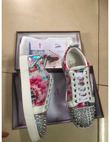 Knockoff Christian Louboutin Louis Junior Spike Low Top Men Sneakers Laminated Leather Floral Print