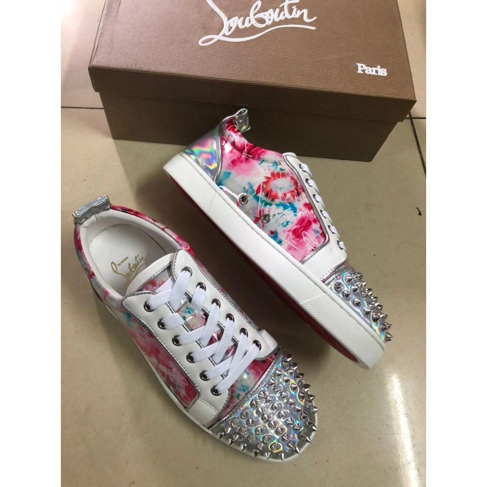Knockoff Christian Louboutin Louis Junior Spike Low Top Men Sneakers Laminated Leather Floral Print