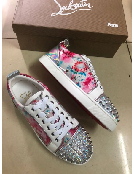 Knockoff Christian Louboutin Louis Junior Spike Low Top Men Sneakers Laminated Leather Floral Print