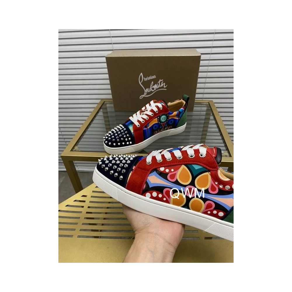 Cheap Christian Louboutin Louis Junior Spikes Orlato Flat Sneakers Suede Multicolor Sale Online