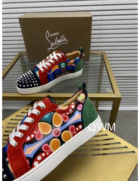 Cheap Christian Louboutin Louis Junior Spikes Orlato Flat Sneakers Suede Multicolor Sale Online