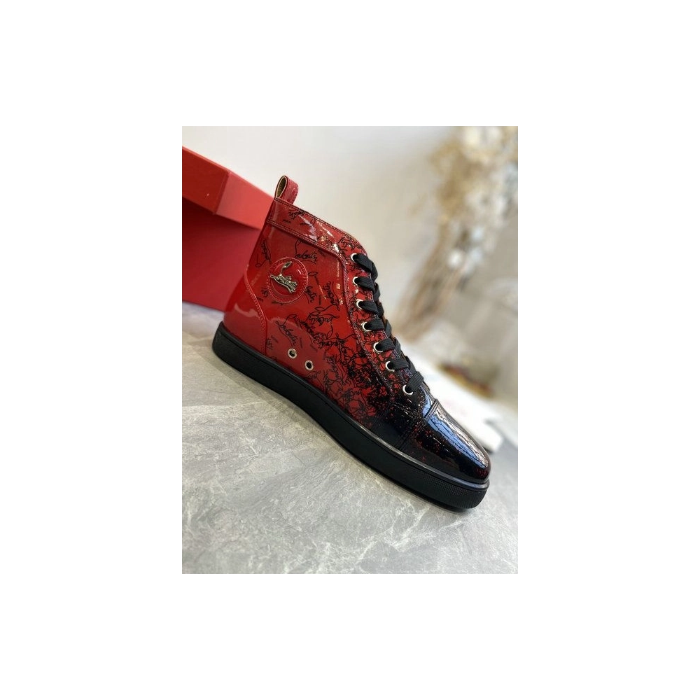 Cheap Christian Louboutin Louis Flat Degraloubi High-top Men Sneaker Patent Leather Black Red