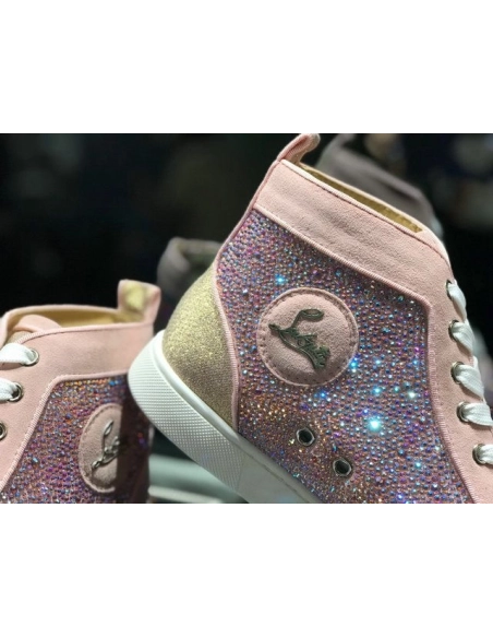 Discount Christian Louboutin Louis Strass Flat High-top Sneakers Rhinestone Embellishments Pink