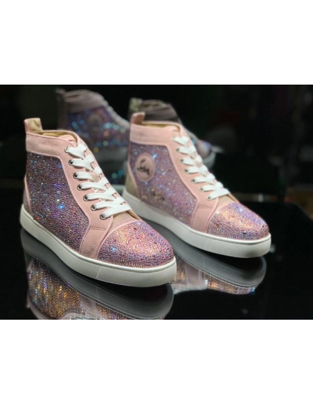 Discount Christian Louboutin Louis Strass Flat High-top Sneakers Rhinestone Embellishments Pink