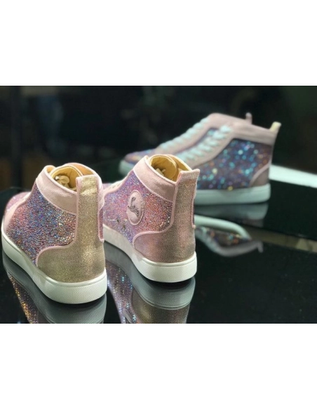 Discount Christian Louboutin Louis Strass Flat High-top Sneakers Rhinestone Embellishments Pink