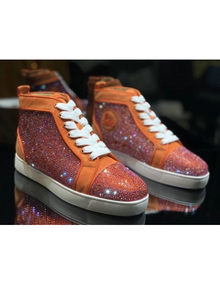 Cheap Christian Louboutin Louis Strass High-Top Sneakers Veau Velous and Strass Orange White for Sale