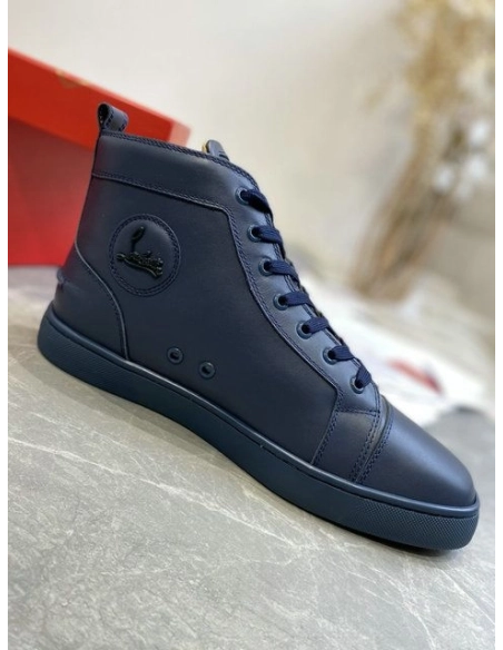 Cheap Christian Louboutin Louis High-Top Sneakers Calfskin Navy Blue Sale Online