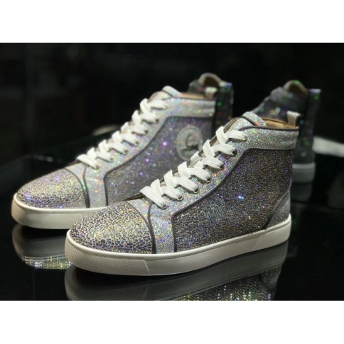 Cheap Christian Louboutin Louis Strass High-top Men Sneakers Glitter Leather Silver for Sale