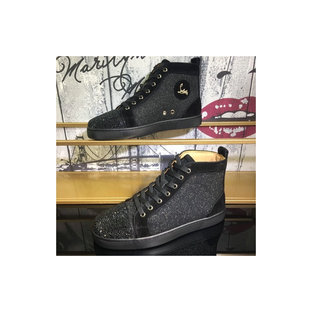 Cheap Christian Louboutin Louis Orlato Flat Sneakers Suede and Glitter Leather Black for Sale
