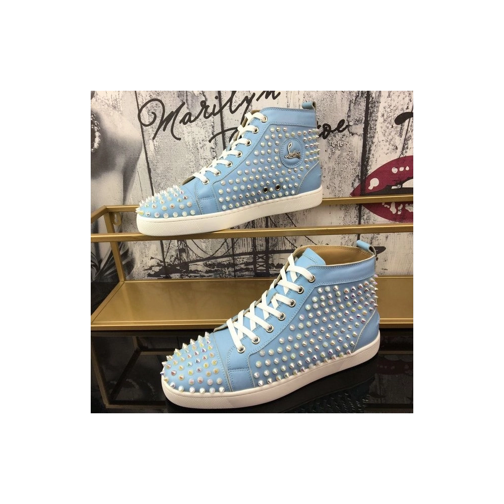 Discount Christian Louboutin Louis Spikes High-Top Sneakers Calf Leather Light Blue Outlet
