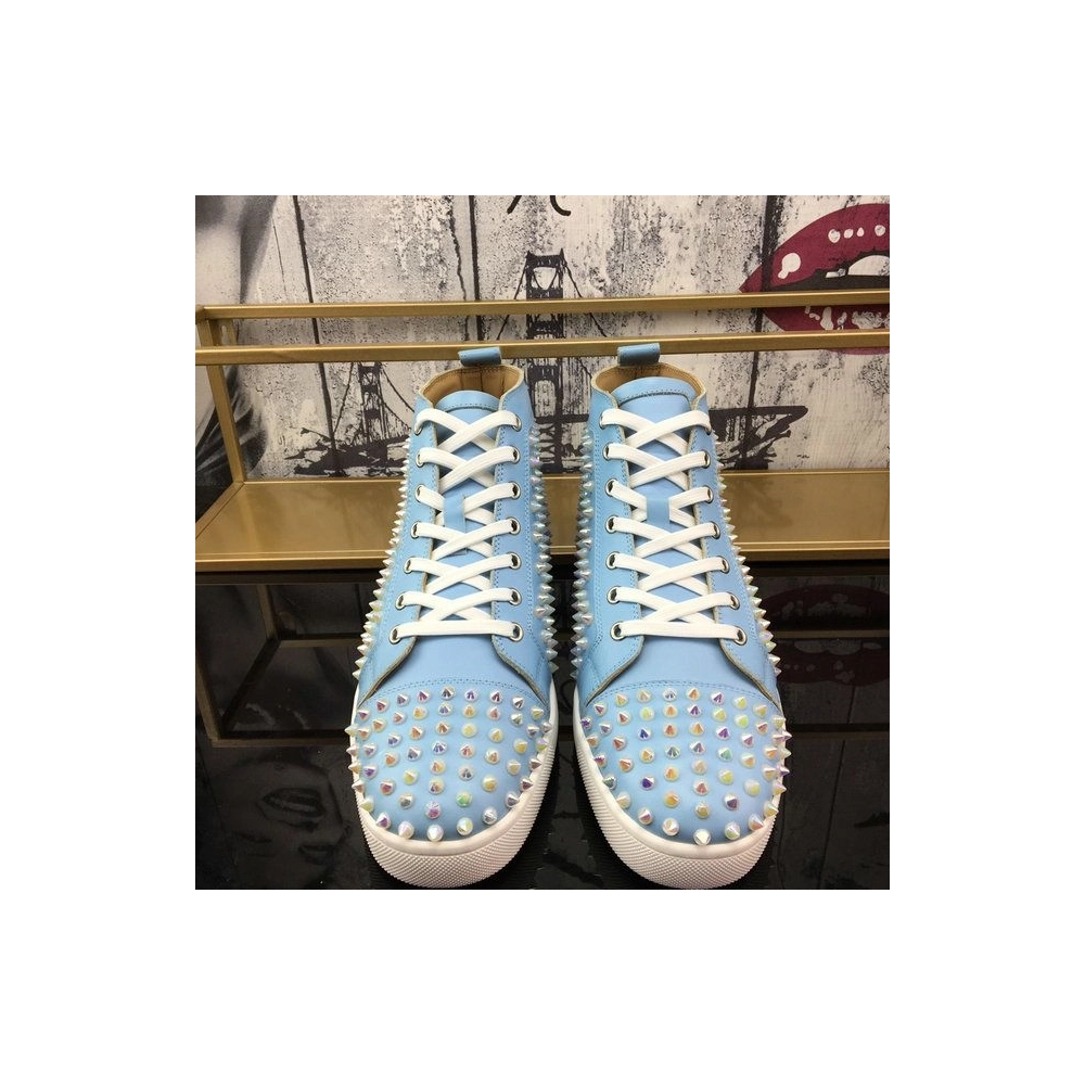 Discount Christian Louboutin Louis Spikes High-Top Sneakers Calf Leather Light Blue Outlet