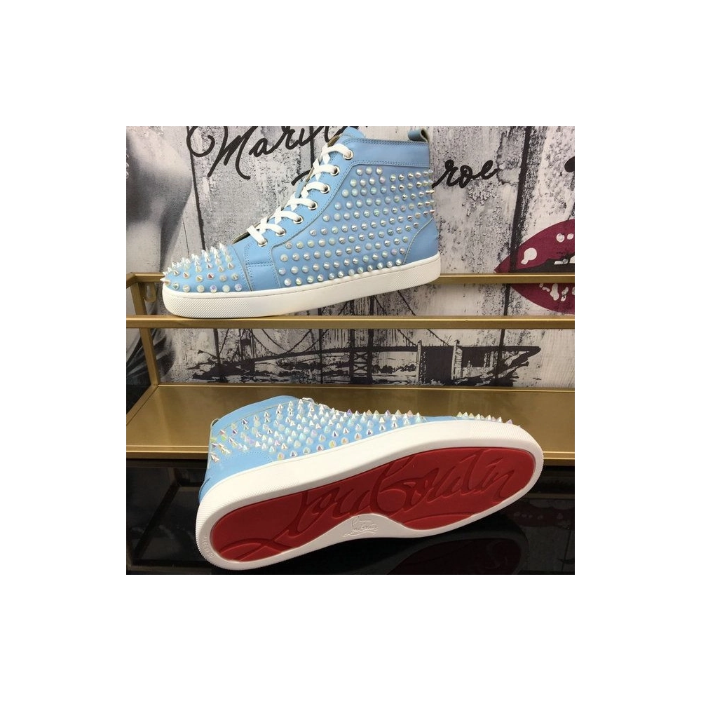 Discount Christian Louboutin Louis Spikes High-Top Sneakers Calf Leather Light Blue Outlet