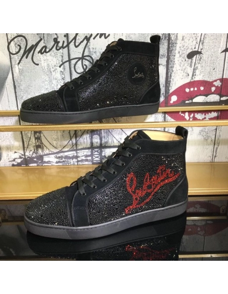 Cheap Christian Louboutin Louis Strass High-Top Sneakers Suede Logo Rhinestones Embellishment Black