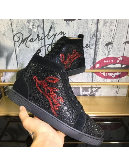 Cheap Christian Louboutin Louis Strass High-Top Sneakers Suede Logo Rhinestones Embellishment Black