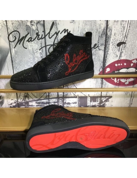Cheap Christian Louboutin Louis Strass High-Top Sneakers Suede Logo Rhinestones Embellishment Black