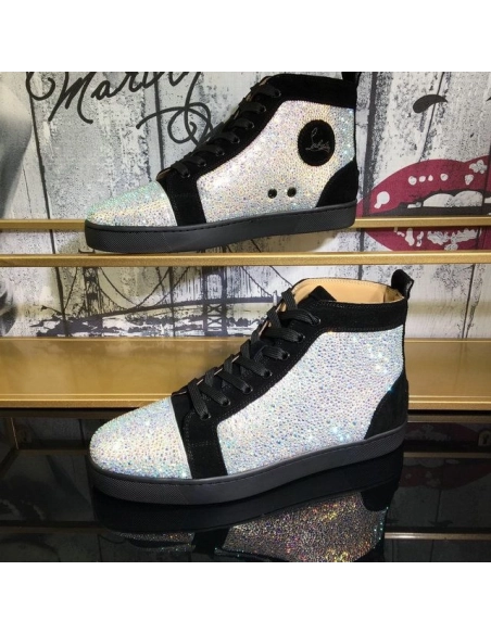 Replica Christian Louboutin Louis Strass High-Top Sneakers Veau Velours Black
