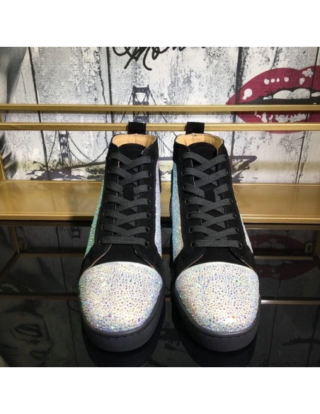 Replica Christian Louboutin Louis Strass High-Top Sneakers Veau Velours Black