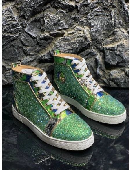 Cheap Christian Louboutin Louis Strass High-Top Sneakers Python Roccia Electric Green on Sale