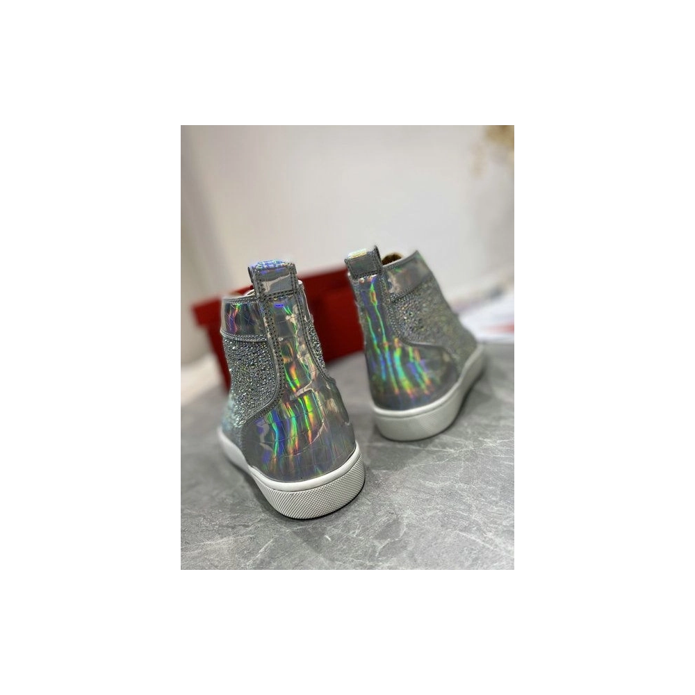 Christian Louboutin Louis Strass High-top Sneakers Iridescent Leather and Strass Silver