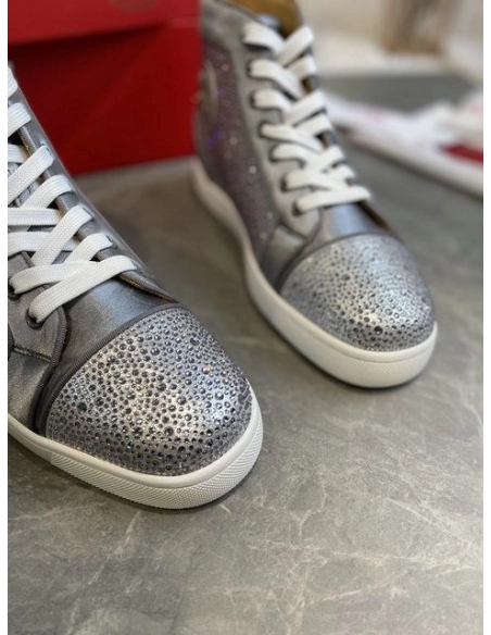 Knockoff Christian Louboutin Louis Strass High-Top Sneakers Leather and Strass Gray