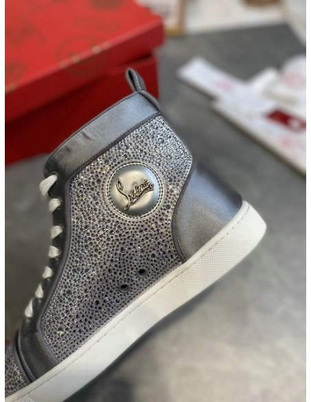 Knockoff Christian Louboutin Louis Strass High-Top Sneakers Leather and Strass Gray