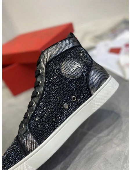 Fake Christian Louboutin Louis Strass High-Top Sneakers Leather and Strass Black