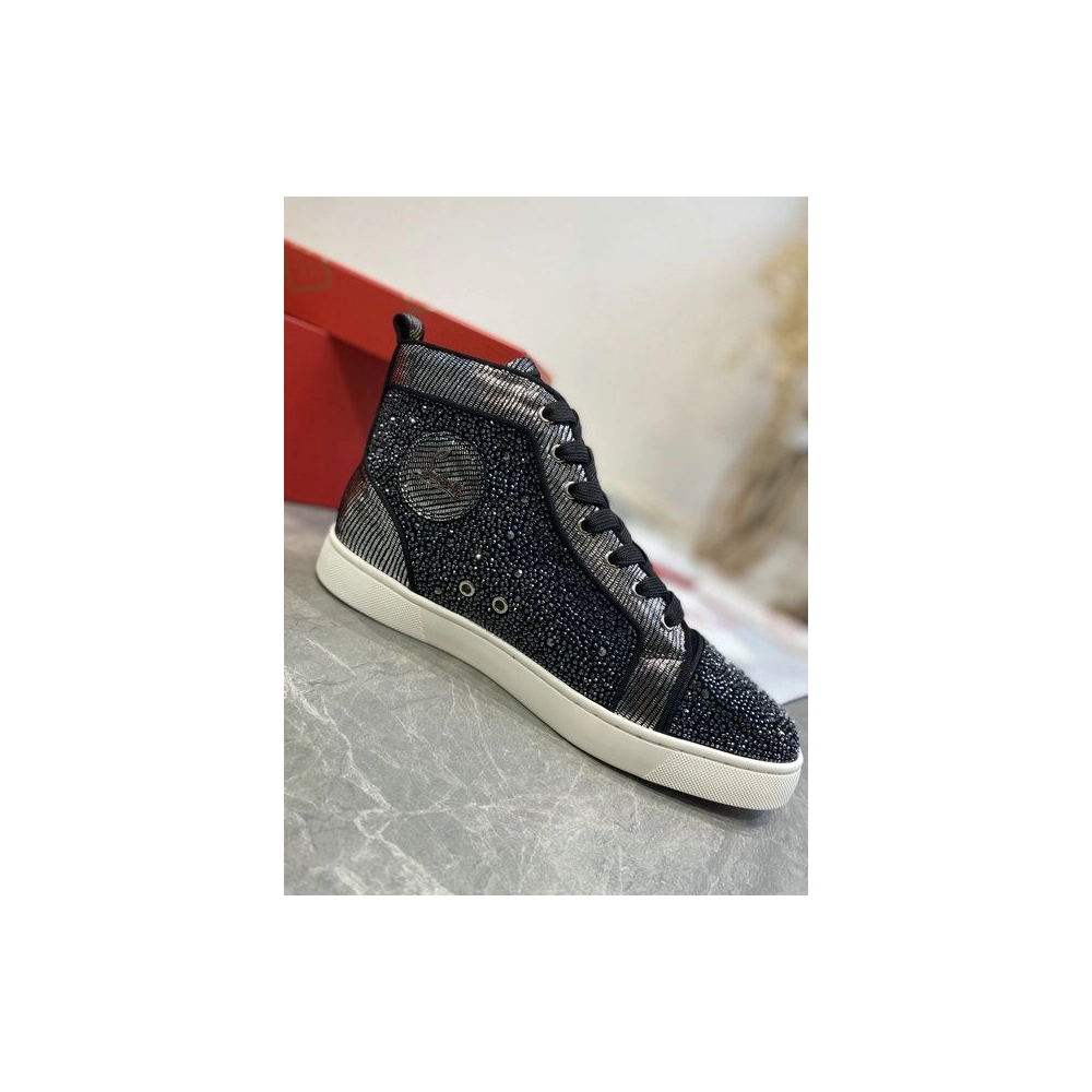 Fake Christian Louboutin Louis Strass High-Top Sneakers Leather and Strass Black