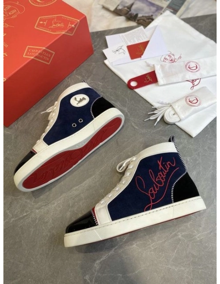 Fake Christian Louboutin Louis Flat High-Top Sneakers Patent Suede Leather Blue Black