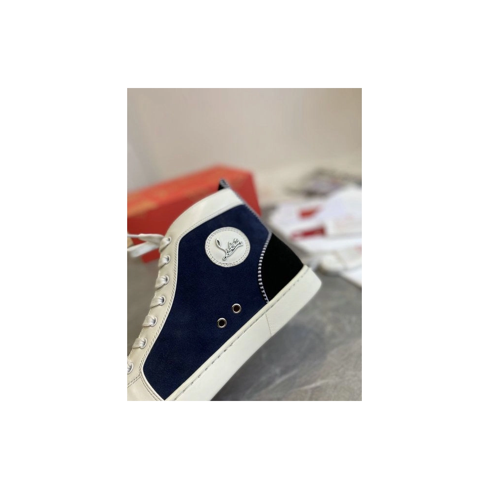 Fake Christian Louboutin Louis Flat High-Top Sneakers Patent Suede Leather Blue Black