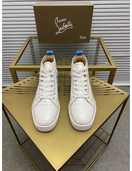 Fake Christian Louboutin Louis High-Top Sneaker Calf White Blue, Replica Christian Louboutin Shoes