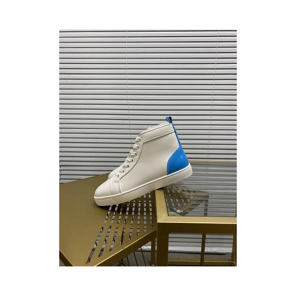Fake Christian Louboutin Louis High-Top Sneaker Calf White Blue, Replica Christian Louboutin Shoes