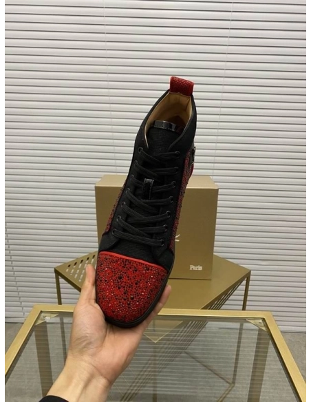 Cheap Christian Louboutin Louis Orlato Flat Glitter High-Top Sneakers Sale Online,  Discount CL Shoes