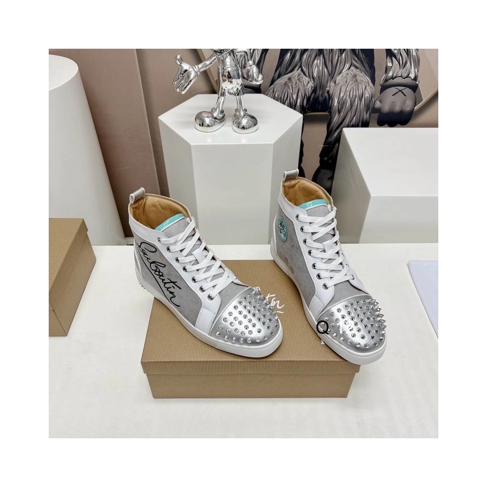 Knockoff Christian Louboutin Lou Spikes High-top Sneakers Leather and Fabric Silver