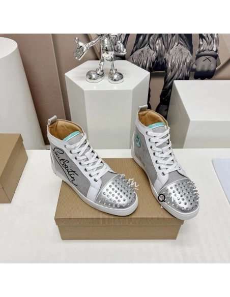 Knockoff Christian Louboutin Lou Spikes High-top Sneakers Leather and Fabric Silver