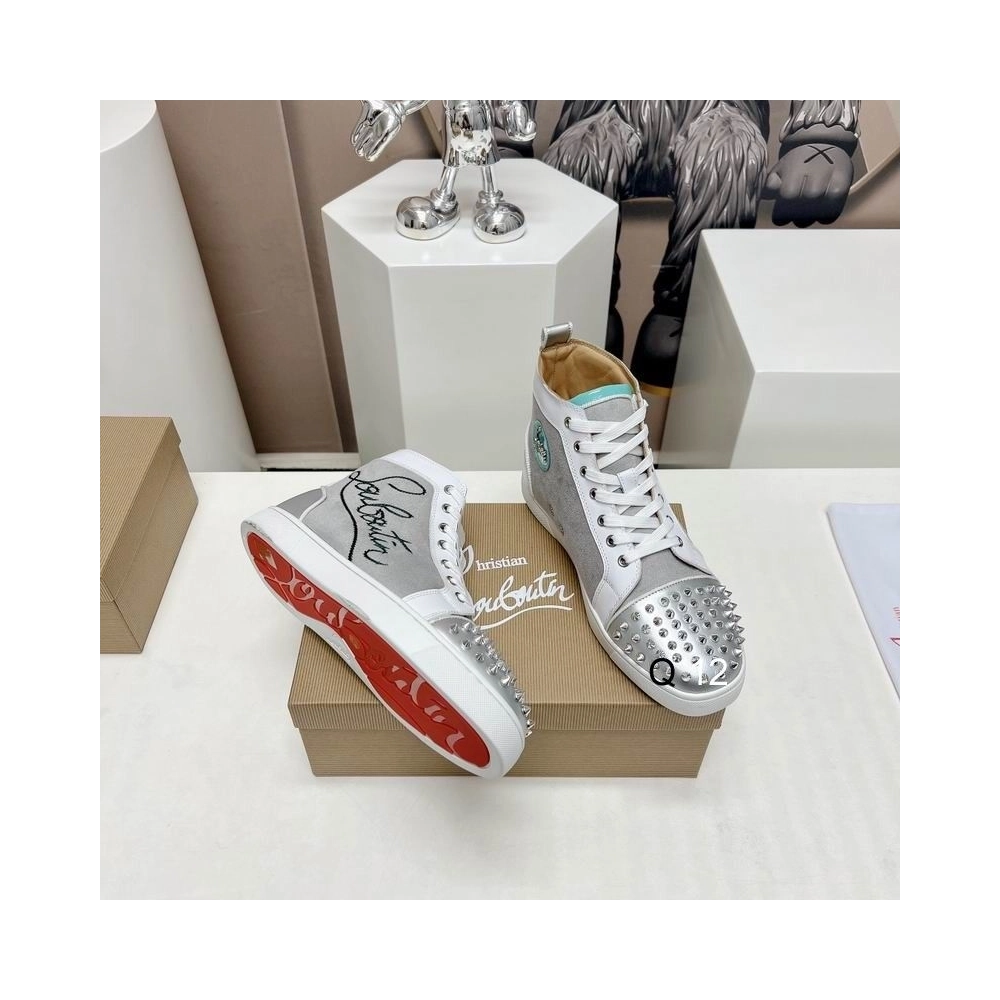 Knockoff Christian Louboutin Lou Spikes High-top Sneakers Leather and Fabric Silver
