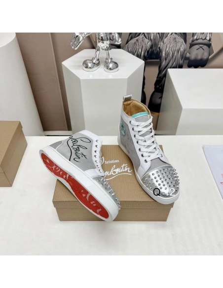 Knockoff Christian Louboutin Lou Spikes High-top Sneakers Leather and Fabric Silver