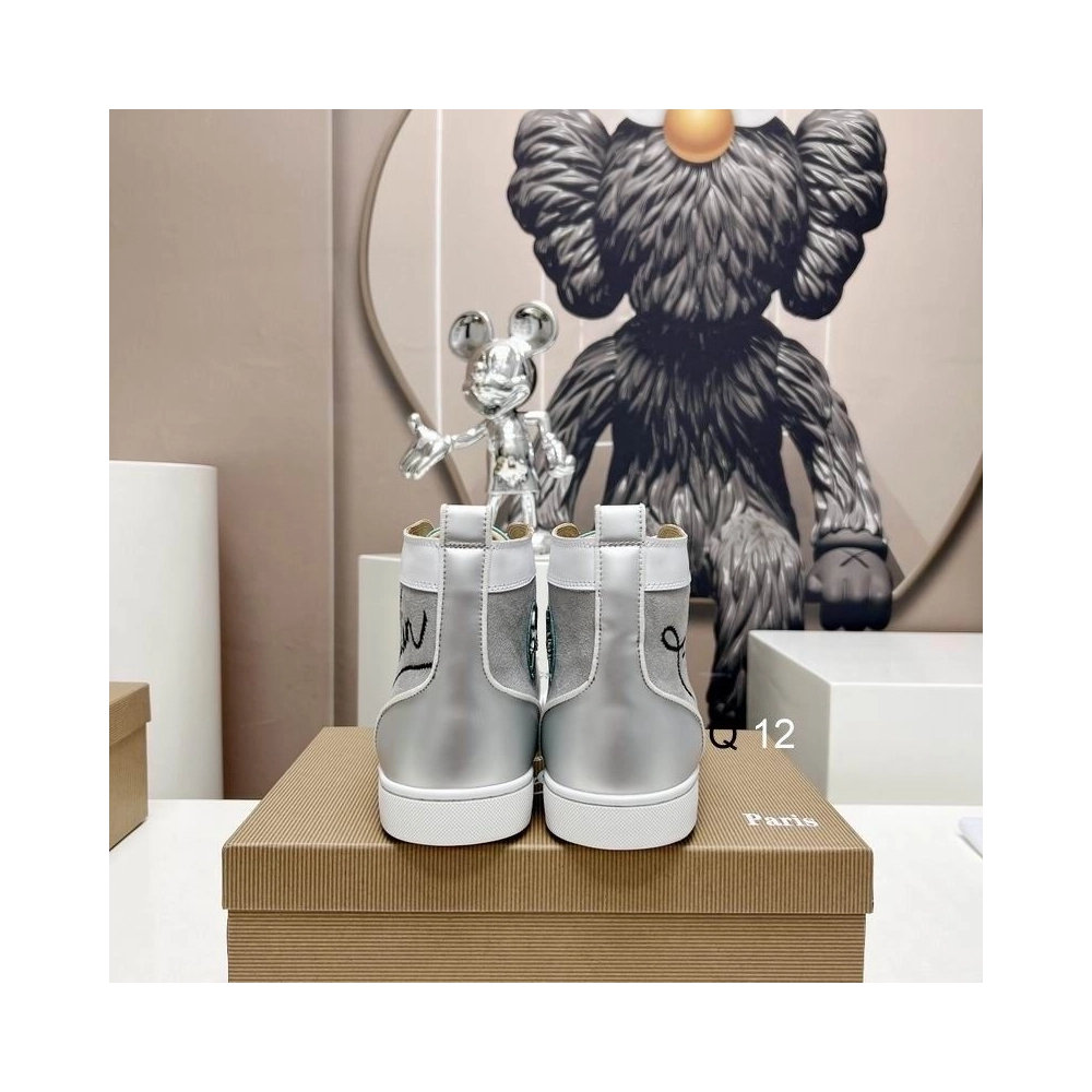 Knockoff Christian Louboutin Lou Spikes High-top Sneakers Leather and Fabric Silver