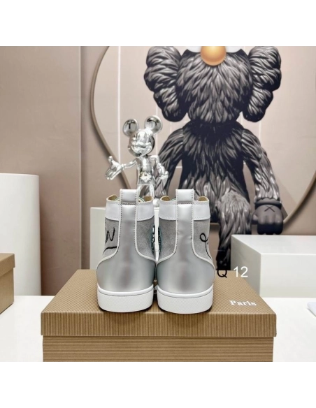 Knockoff Christian Louboutin Lou Spikes High-top Sneakers Leather and Fabric Silver