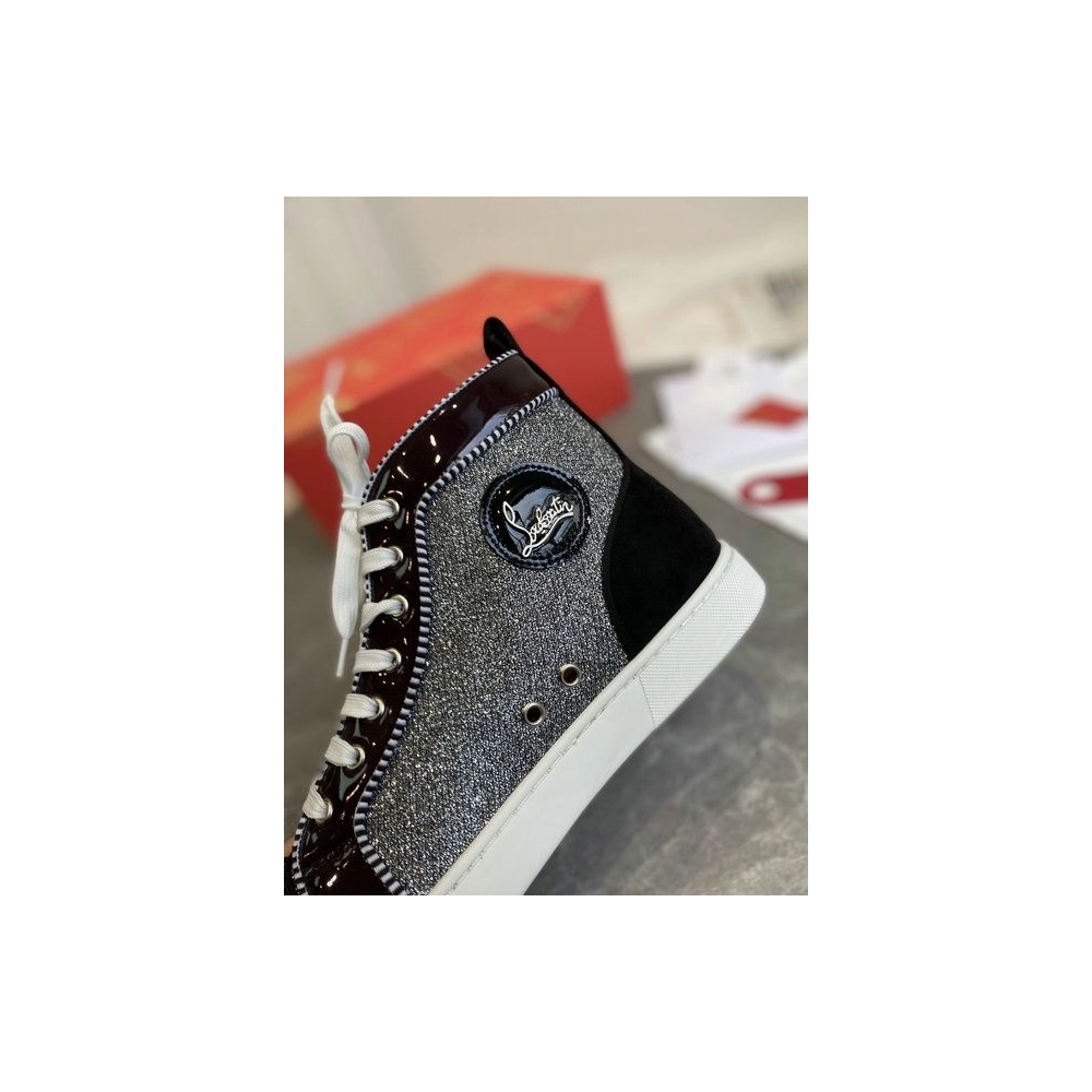 Cheap Christian Louboutin Lou Spikes Orlato High-top Sneakers Patent Leather and Fabric Black Gray for Sale