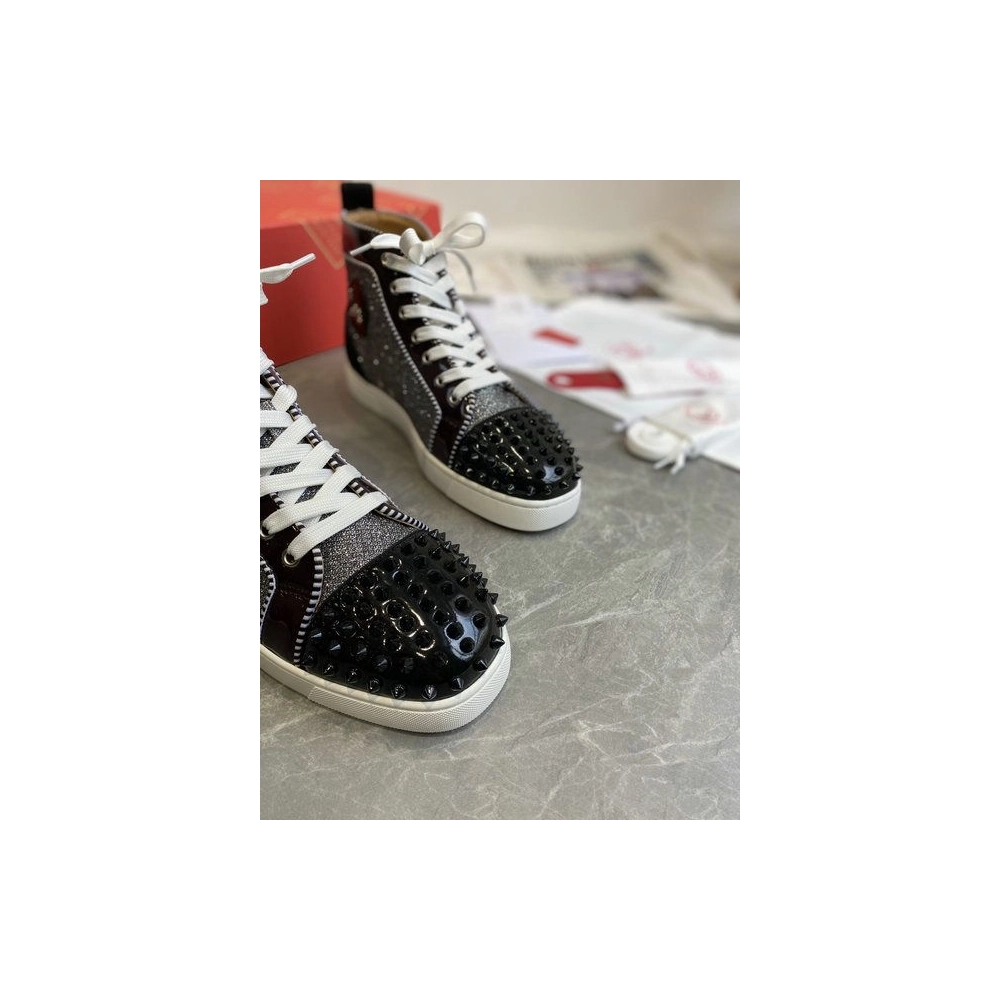 Cheap Christian Louboutin Lou Spikes Orlato High-top Sneakers Patent Leather and Fabric Black Gray for Sale