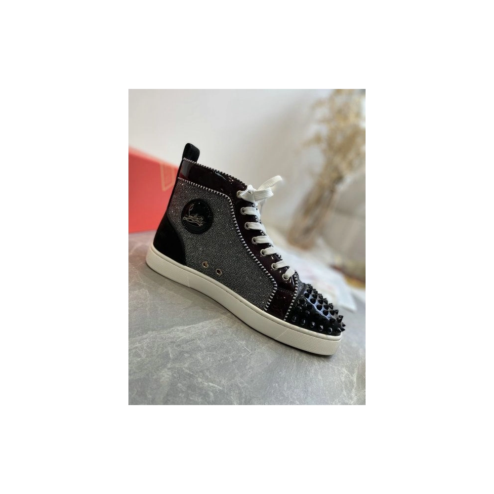Cheap Christian Louboutin Lou Spikes Orlato High-top Sneakers Patent Leather and Fabric Black Gray for Sale
