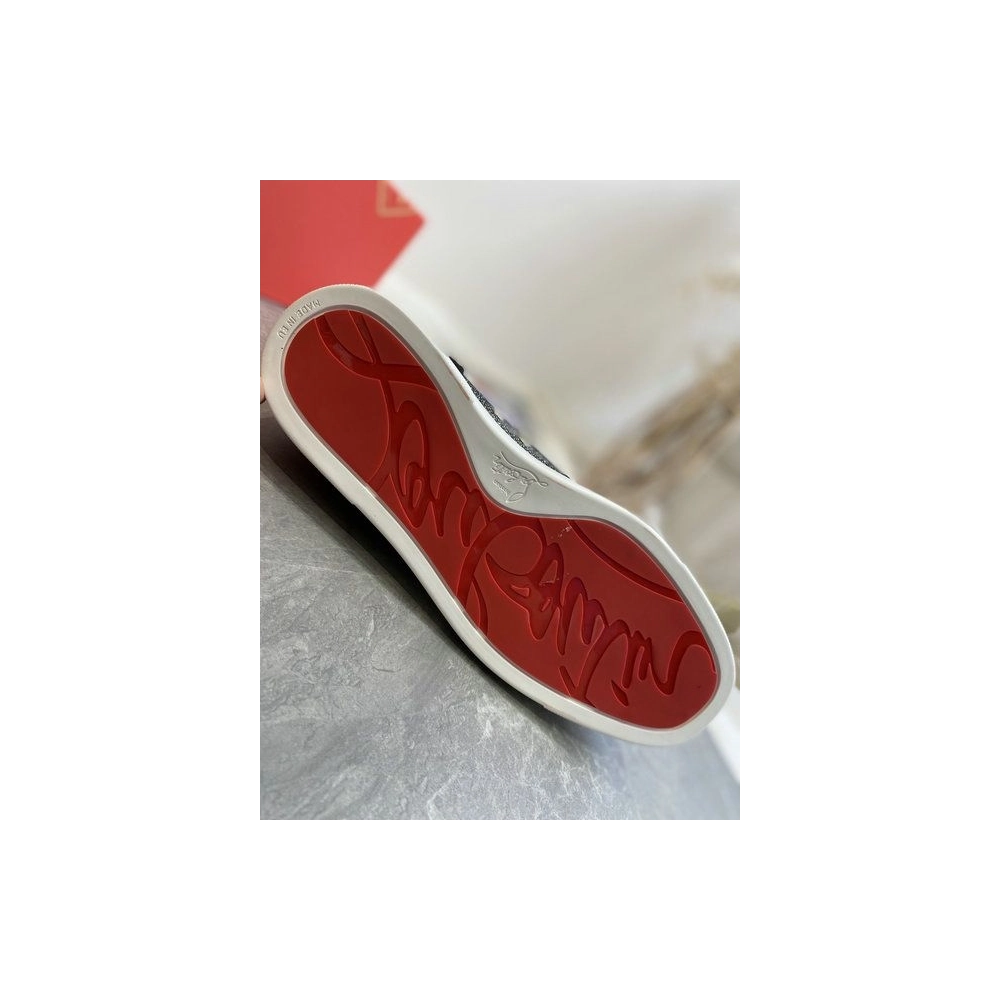 Cheap Christian Louboutin Lou Spikes Orlato High-top Sneakers Patent Leather and Fabric Black Gray for Sale