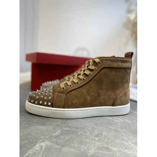 Replica Christian Louboutin Lou Spikes High-top Sneakers Suede Brown, Fake CL Shoes